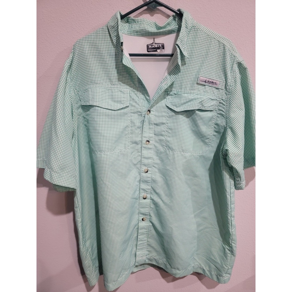 Habit Button Up Short Sleeve Vented Green Gingham Fishing Shirt 40+ UPF Mens L
